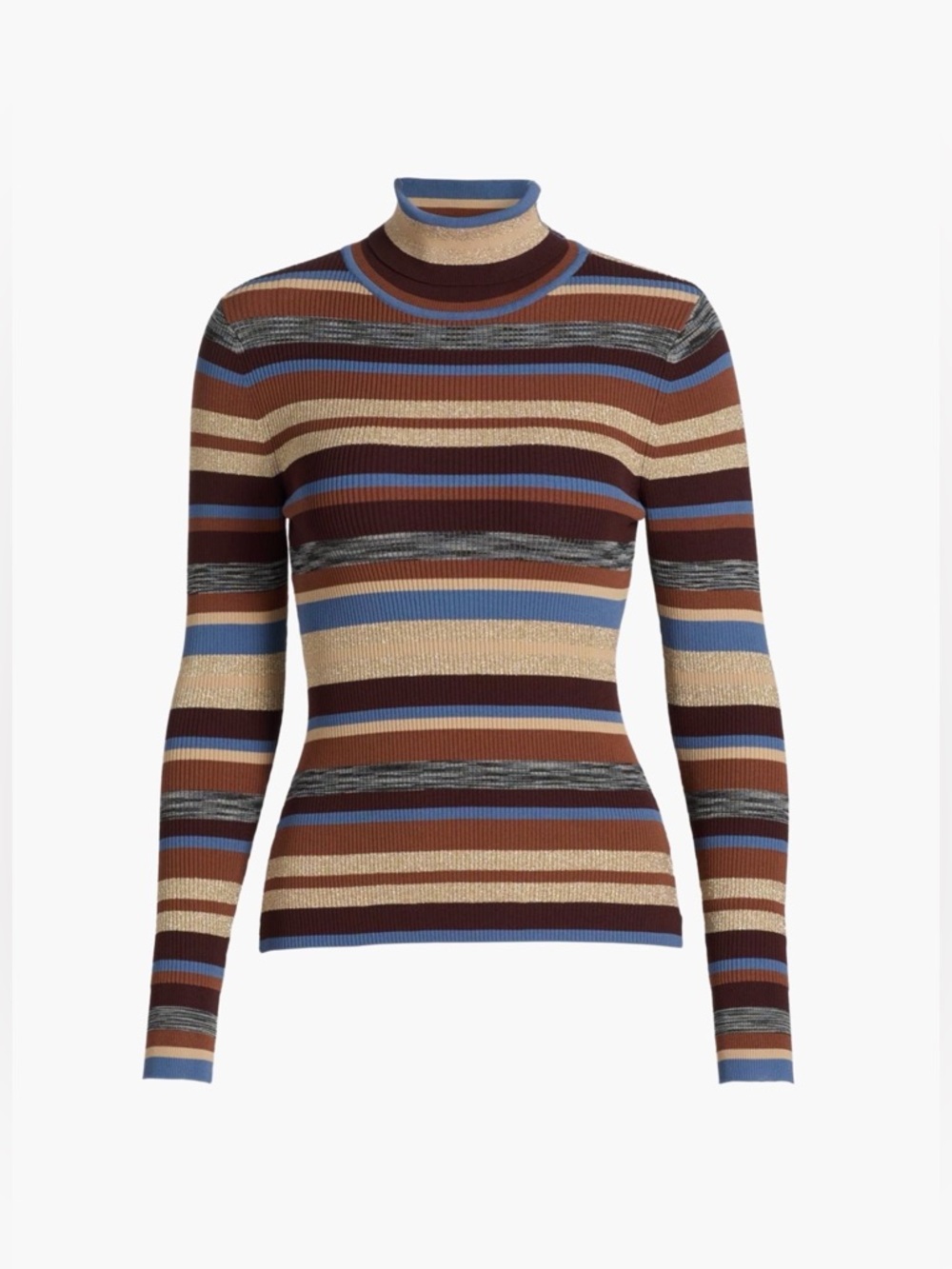 L'AGENCE Olene Striped Ribbed Turtleneck in Brown, Blue, Gold Size L